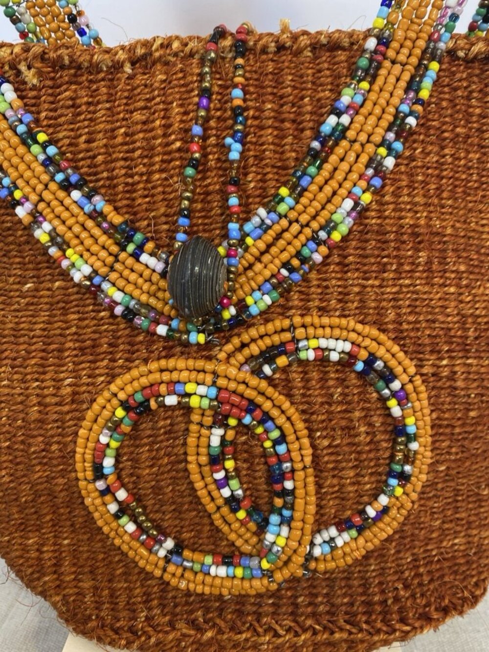 Handmade Brown Multi Color Beadwork Handwoven Bucket Bag Made in Kenya - Picture 3 of 11